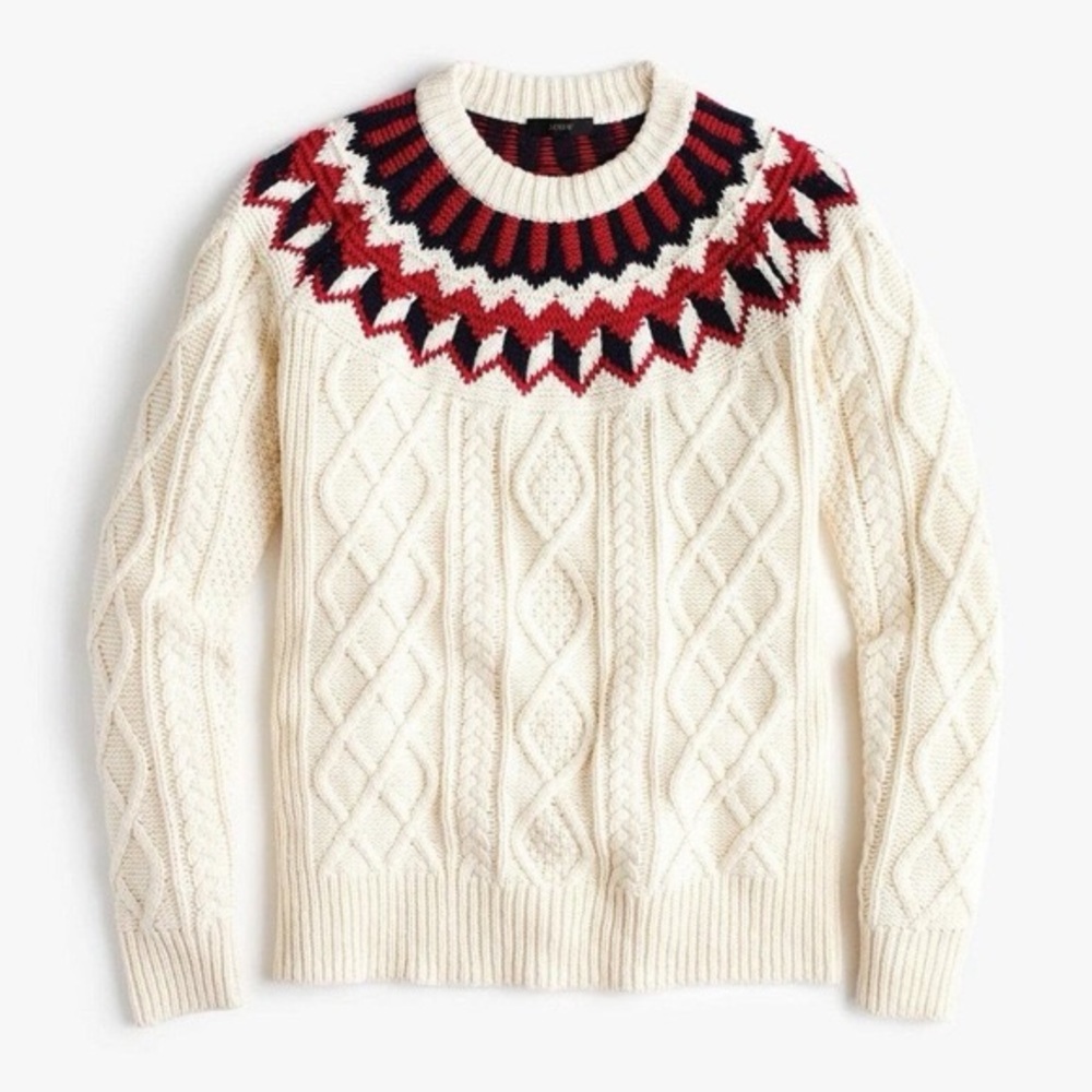 J. Crew Fair Isle Merino Wool Fisherman Sweater Crewneck Pullover Cream Small Q